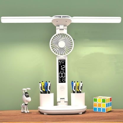 Multifunction LED Table Lamp - 3-in-1  Table Lamp with Four-Headed Folding Design with Fan, Calendar, Clock, USB Rechargeable Desk Light, and 3-Color Reading Lamp