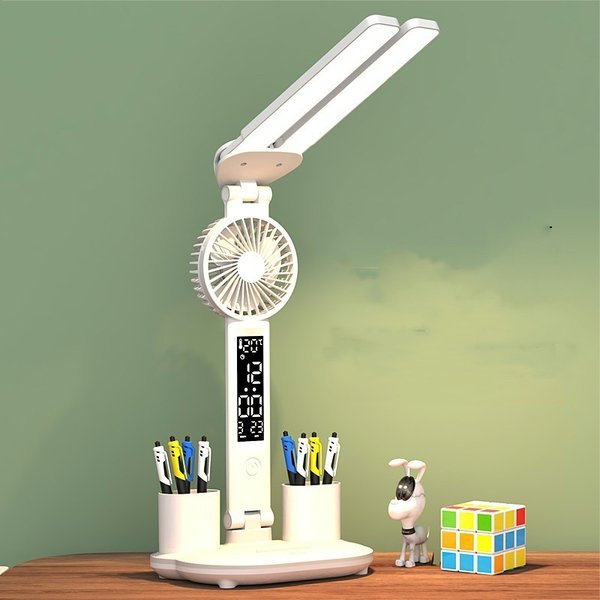Multifunction LED Table Lamp - 3-in-1  Table Lamp with Four-Headed Folding Design with Fan, Calendar, Clock, USB Rechargeable Desk Light, and 3-Color Reading Lamp