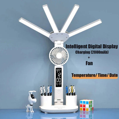 Multifunction LED Table Lamp - 3-in-1  Table Lamp with Four-Headed Folding Design with Fan, Calendar, Clock, USB Rechargeable Desk Light, and 3-Color Reading Lamp
