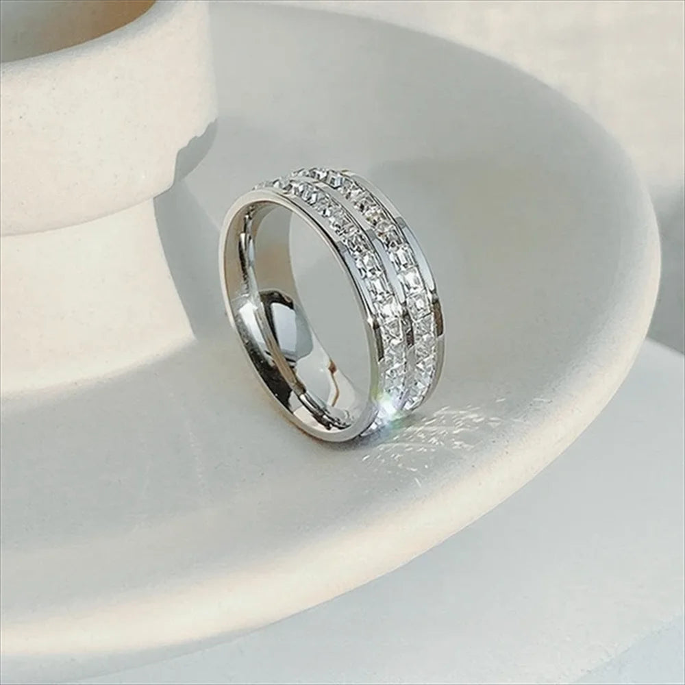 Romantic Double Row Rose Gold Couple Ring - Sparkling Zircon Stainless Steel Engagement Jewelry
