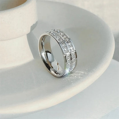 Romantic Double Row Rose Gold Couple Ring - Sparkling Zircon Stainless Steel Engagement Jewelry