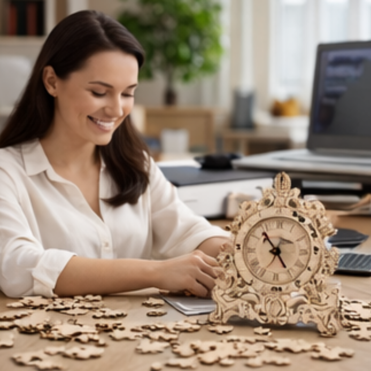 DIY Wooden Clock Puzzle Model Kit – 3D DIY Desktop Architectural Building Blocks with Functional Clock for Home Decor and Gifts