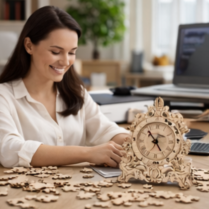 DIY Wooden Clock Puzzle Model Kit – 3D DIY Desktop Architectural Building Blocks with Functional Clock for Home Decor and Gifts