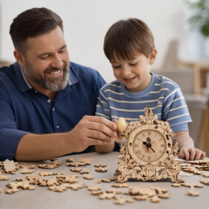 DIY Wooden Clock Puzzle Model Kit – 3D DIY Desktop Architectural Building Blocks with Functional Clock for Home Decor and Gifts