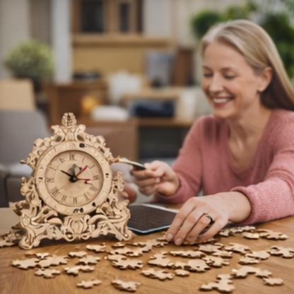 DIY Wooden Clock Puzzle Model Kit – 3D DIY Desktop Architectural Building Blocks with Functional Clock for Home Decor and Gifts