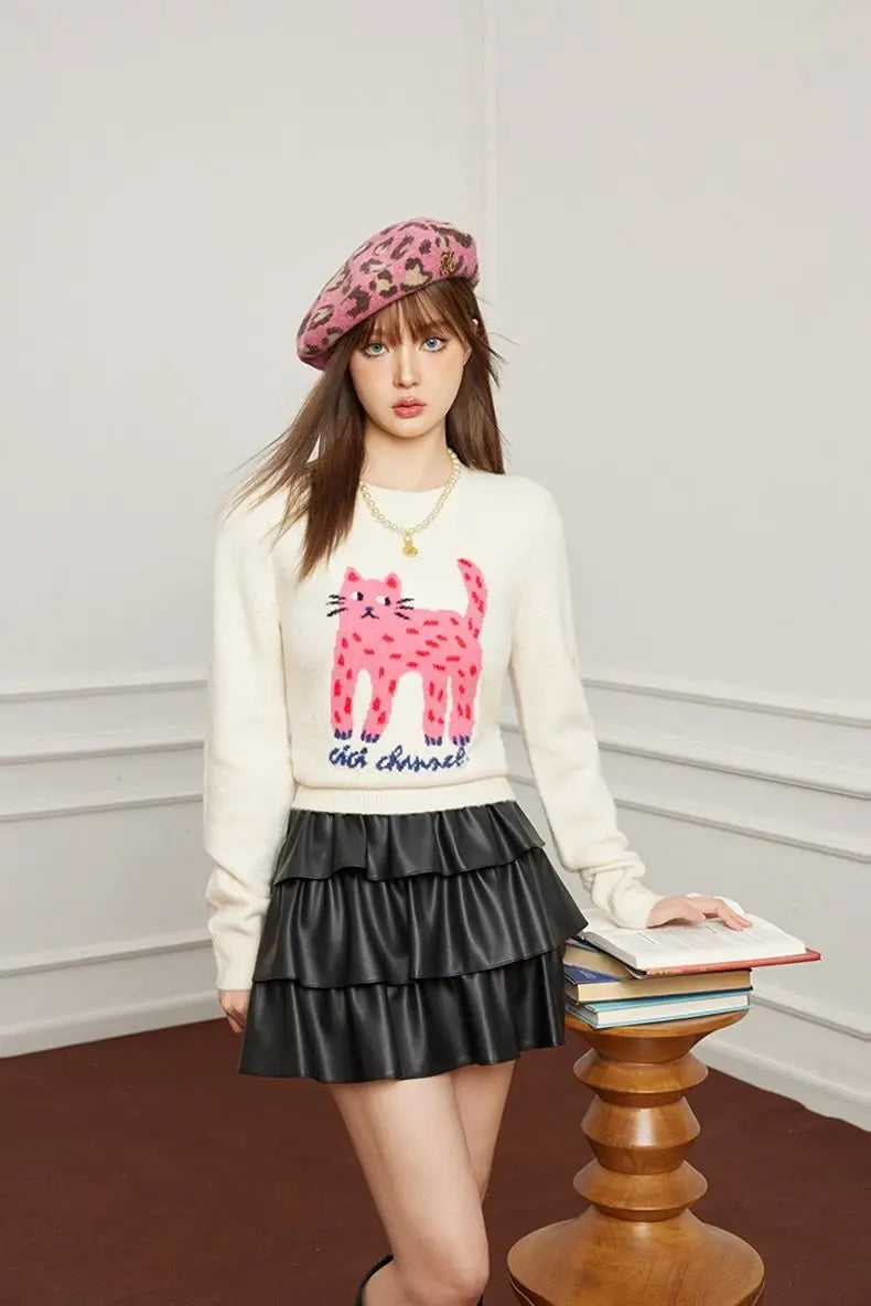 Autumn/Winter Cat Pattern Jacquard Sweater – Slim-Fit Short Pullover for Women with Playful Leg Cartoon Print, Cozy Seasonal Knit Style