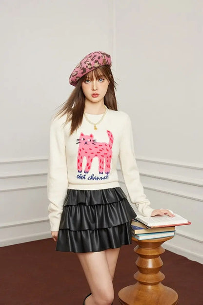 Autumn/Winter Cat Pattern Jacquard Sweater – Slim-Fit Short Pullover for Women with Playful Leg Cartoon Print, Cozy Seasonal Knit Style
