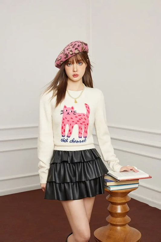 Autumn/Winter Cat Pattern Jacquard Sweater – Slim-Fit Short Pullover for Women with Playful Leg Cartoon Print, Cozy Seasonal Knit Style