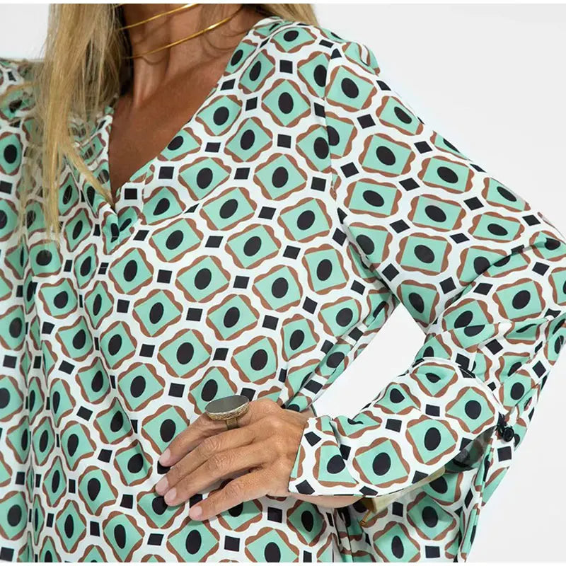 Floral Geometric Split Dress – Women’s Summer Long Sleeve V-Neck Ankle-Length Print Dress for Casual Fashion and Comfortable Elegance