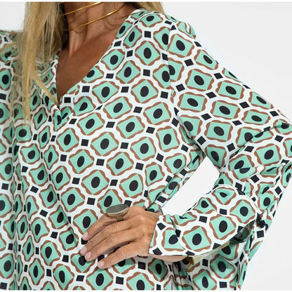 Floral Geometric Split Dress – Women’s Summer Long Sleeve V-Neck Ankle-Length Print Dress for Casual Fashion and Comfortable Elegance