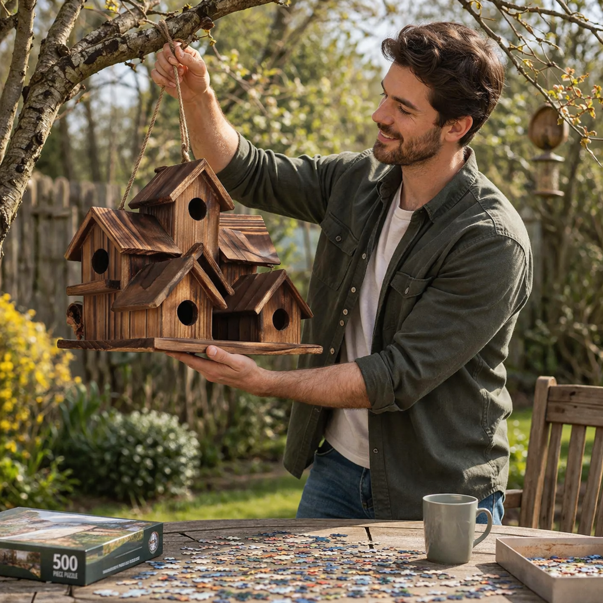 Outdoor Natural Hanging Wooden Bird House – Birdhouse for Hummingbirds and Cardinals, Decorative Garden and Yard Shelter