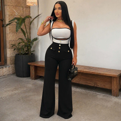 Elegant Strapless Suspender Two Piece Outfit – Sexy Crop Top and High Waist Pants Set, Trendy Y2K Clubwear for Women Party Fashion