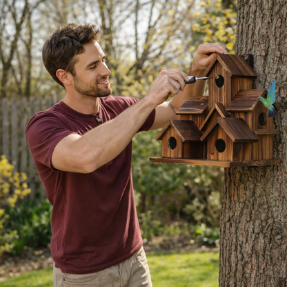 Outdoor Natural Hanging Wooden Bird House – Birdhouse for Hummingbirds and Cardinals, Decorative Garden and Yard Shelter