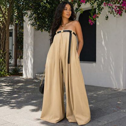 Casual Slash Neck  Women’s Wide Leg Jumpsuit – Bodysuit with Sash Belt, Loose Fit Outdoor Fashion Outfit for Daily Wear