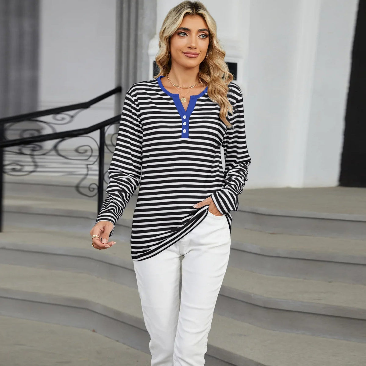 Color Block V-Neck T-Shirt – Loose Long-Sleeved Top for Cross-Border Fashion with a Bold Twist