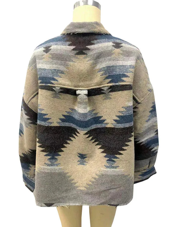 Vintage Aztec Denim Jacket with Collar – Wool Lined Loose Fit Long Sleeve Outerwear for Trendy Streetwear Vibes