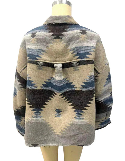 Vintage Aztec Denim Jacket with Collar – Wool Lined Loose Fit Long Sleeve Outerwear for Trendy Streetwear Vibes