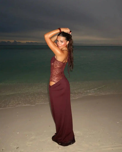 Lace Suspender Patchwork Maxi Dress – Backless Sleeveless Design for a Slim, Elegant Party Silhouette