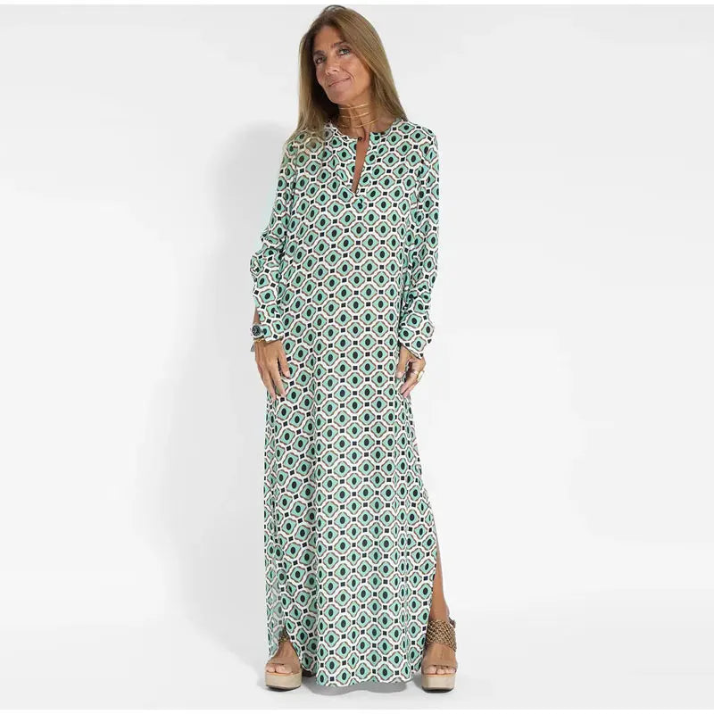 Floral Geometric Split Dress – Women’s Summer Long Sleeve V-Neck Ankle-Length Print Dress for Casual Fashion and Comfortable Elegance