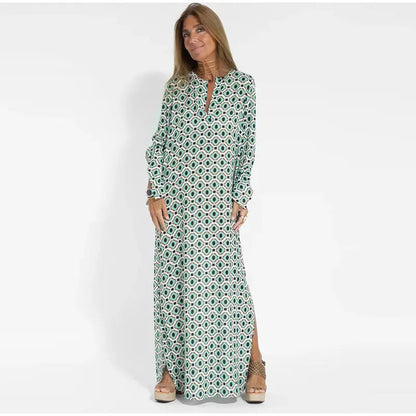Floral Geometric Split Dress – Women’s Summer Long Sleeve V-Neck Ankle-Length Print Dress for Casual Fashion and Comfortable Elegance