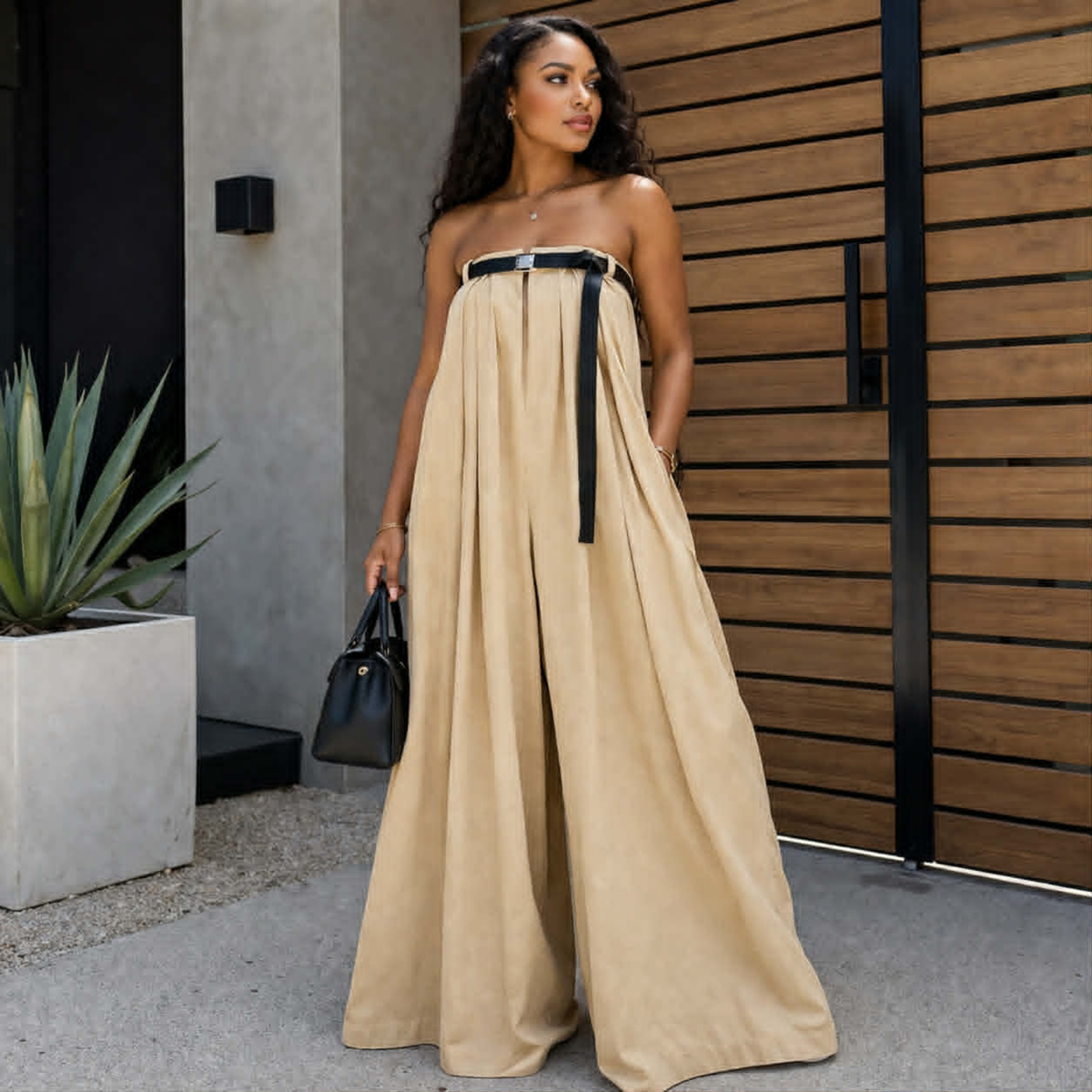 Casual Slash Neck  Women’s Wide Leg Jumpsuit – Bodysuit with Sash Belt, Loose Fit Outdoor Fashion Outfit for Daily Wear