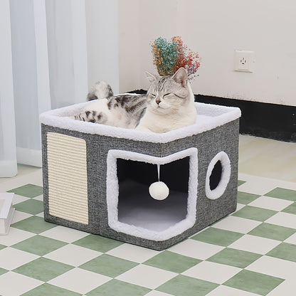 Multi-level Gray Cat Villa Bed – Soft Cave-Like Retreat with Scratch Post, Ideal for Resting, Hiding & Playing