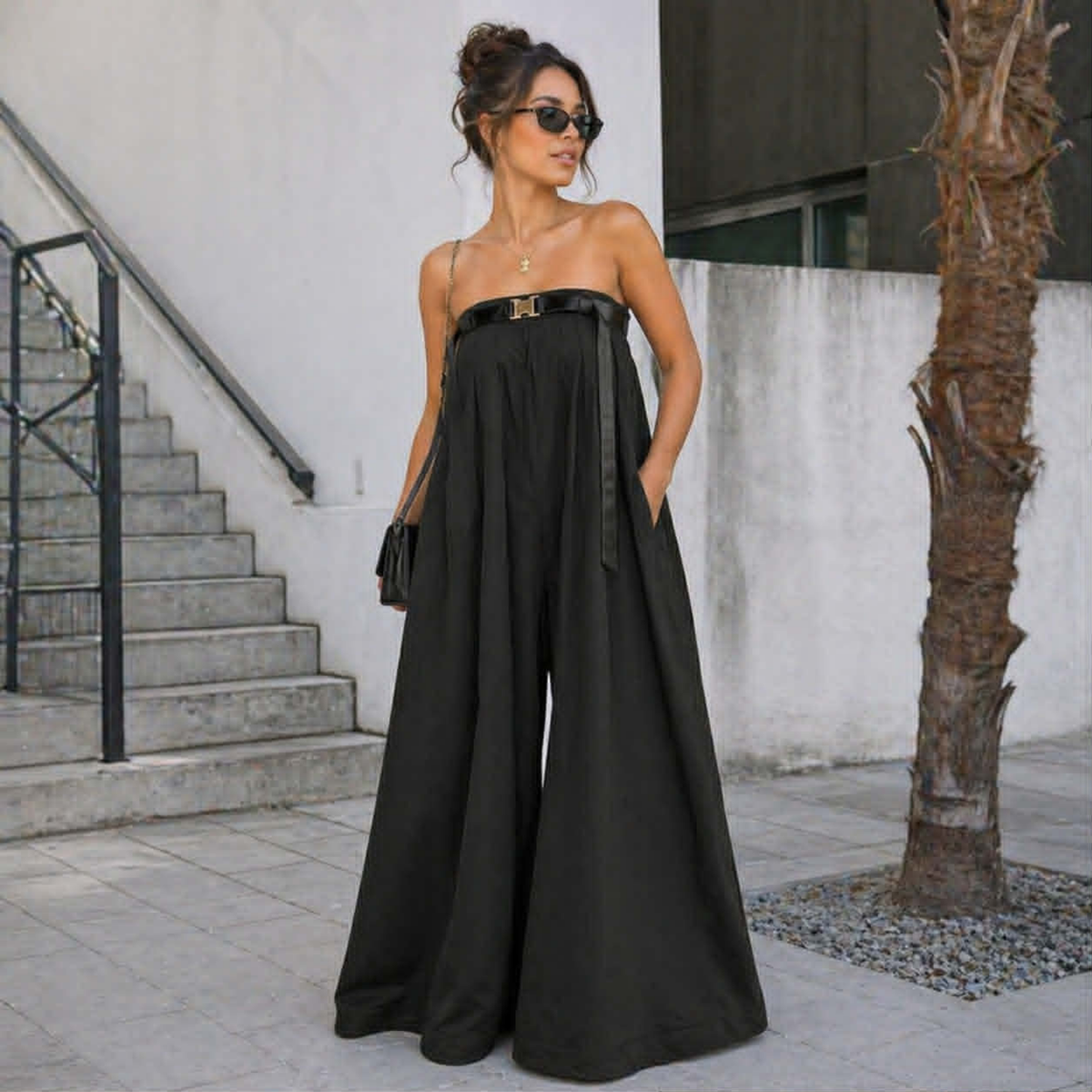 Casual Slash Neck  Women’s Wide Leg Jumpsuit – Bodysuit with Sash Belt, Loose Fit Outdoor Fashion Outfit for Daily Wear