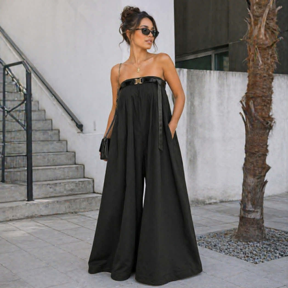 Casual Slash Neck  Women’s Wide Leg Jumpsuit – Bodysuit with Sash Belt, Loose Fit Outdoor Fashion Outfit for Daily Wear