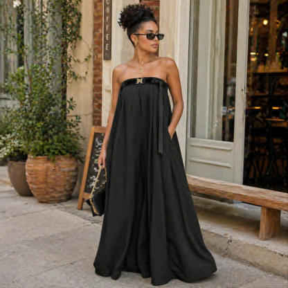 Casual Slash Neck  Women’s Wide Leg Jumpsuit – Bodysuit with Sash Belt, Loose Fit Outdoor Fashion Outfit for Daily Wear