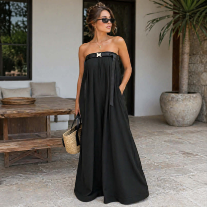Casual Slash Neck  Women’s Wide Leg Jumpsuit – Bodysuit with Sash Belt, Loose Fit Outdoor Fashion Outfit for Daily Wear