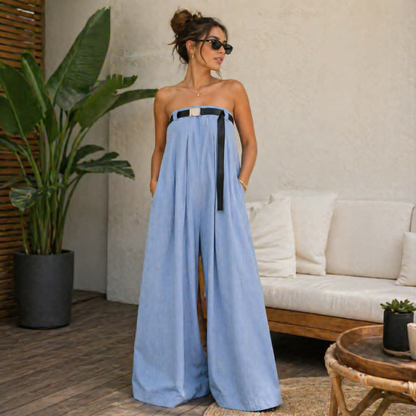 Casual Slash Neck  Women’s Wide Leg Jumpsuit – Bodysuit with Sash Belt, Loose Fit Outdoor Fashion Outfit for Daily Wear