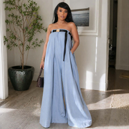 Casual Slash Neck  Women’s Wide Leg Jumpsuit – Bodysuit with Sash Belt, Loose Fit Outdoor Fashion Outfit for Daily Wear