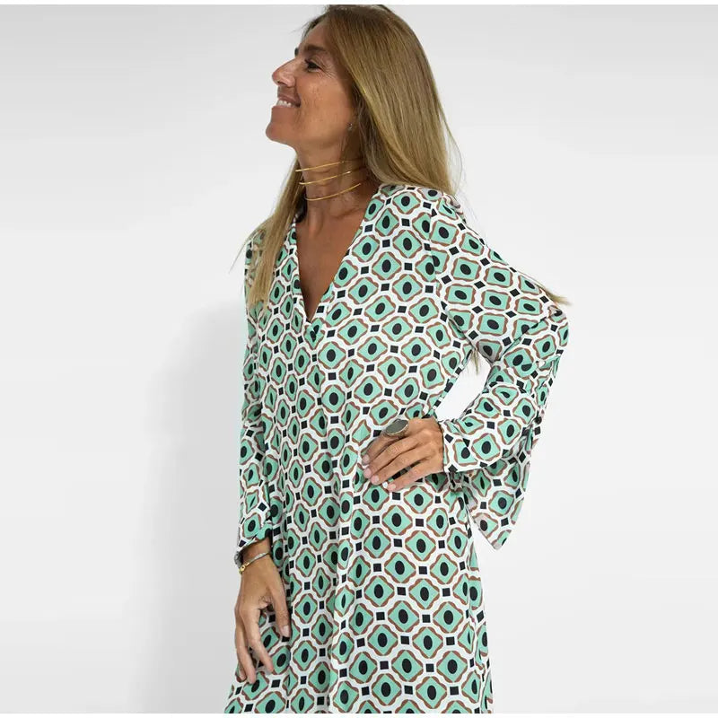 Floral Geometric Split Dress – Women’s Summer Long Sleeve V-Neck Ankle-Length Print Dress for Casual Fashion and Comfortable Elegance
