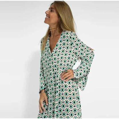 Floral Geometric Split Dress – Women’s Summer Long Sleeve V-Neck Ankle-Length Print Dress for Casual Fashion and Comfortable Elegance