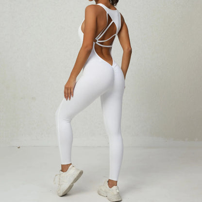 Sporty Sleeveless Women’s Fitness Jumpsuit – V-Shaped Back Design Jumpsuit, Gym-Ready Overalls Set for Yoga, Running & Workout in Bold Colors
