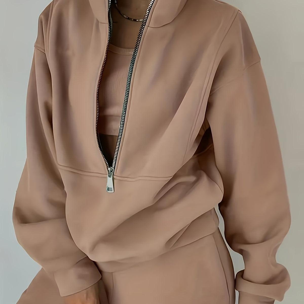 Women’s Two-Piece Zip Sweatshirt & Pants Set – Long Sleeve Casual Lounge Outfit with Elastic Waist Design