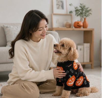 Halloween Pet Pumpkin Sweater – Puppy Kitten Costume Decoration, Warm Winter Dog Clothes, Cute Cat Outfit for Holiday Dress-Up