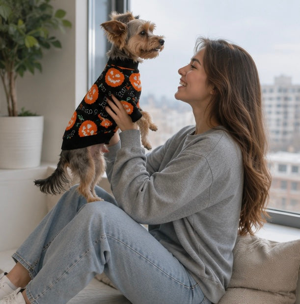 Halloween Pet Pumpkin Sweater – Puppy Kitten Costume Decoration, Warm Winter Dog Clothes, Cute Cat Outfit for Holiday Dress-Up