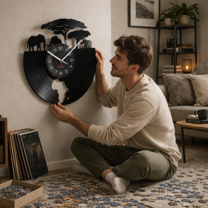 African Elephants Laser Cut Vinyl Record Wall Clock – Wildlife Habitat Map of Africa Retro LP Wall Art Decor for Living Room Statement Display.