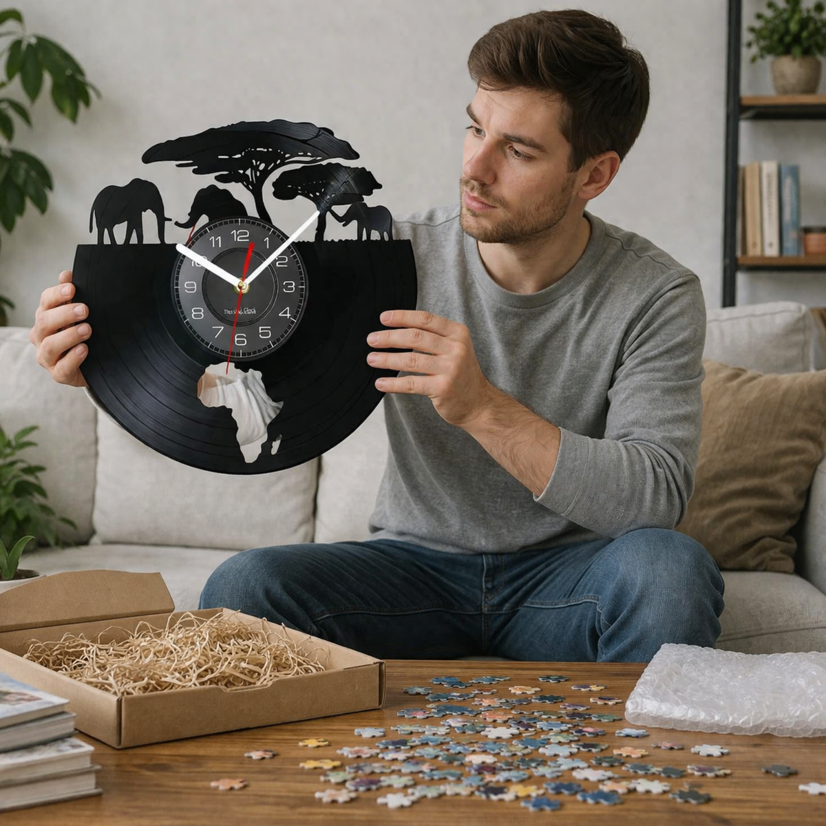 African Elephants Laser Cut Vinyl Record Wall Clock – Wildlife Habitat Map of Africa Retro LP Wall Art Decor for Living Room Statement Display.