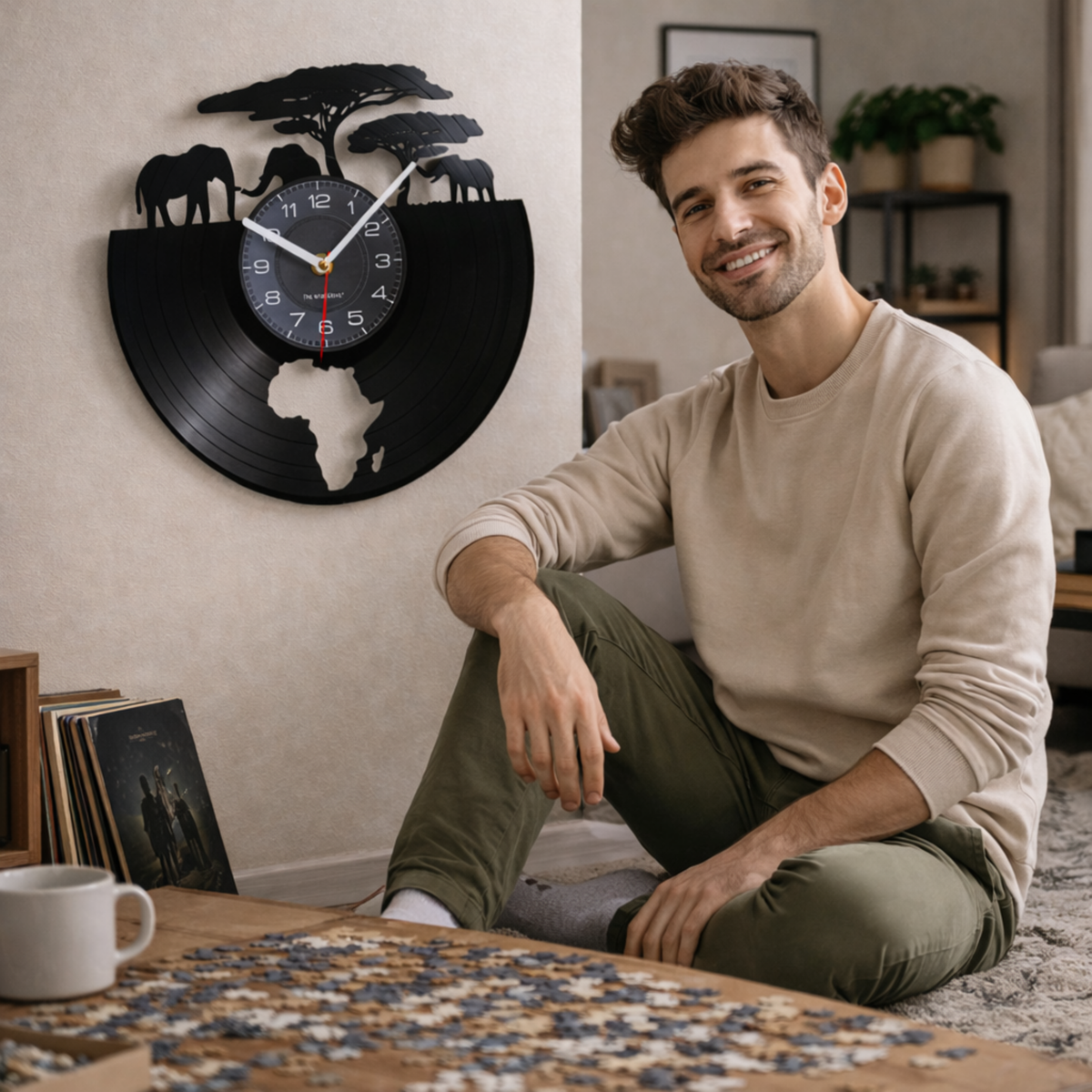 African Elephants Laser Cut Vinyl Record Wall Clock – Wildlife Habitat Map of Africa Retro LP Wall Art Decor for Living Room Statement Display.