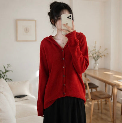 Women Cashmere Hooded Cardigan- Seamless Wool Knit Sweater with Loose Fit Design, Cozy Autumn Winter Outerwear for Elegant Casual Fashion