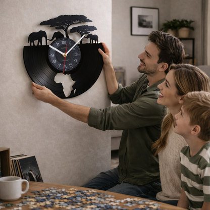 African Elephants Laser Cut Vinyl Record Wall Clock – Wildlife Habitat Map of Africa Retro LP Wall Art Decor for Living Room Statement Display.