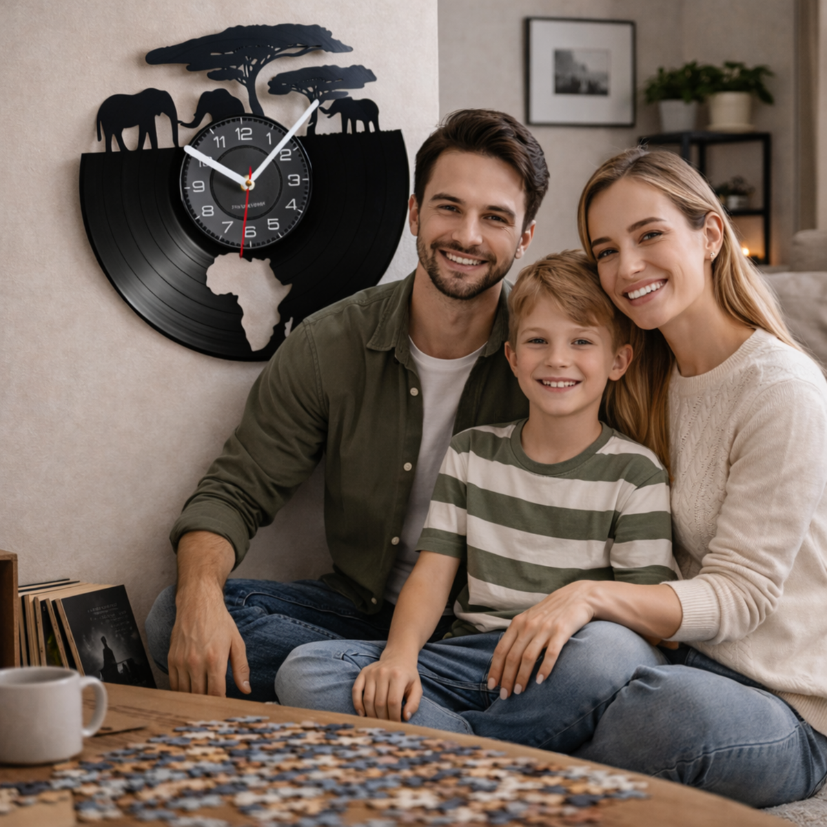 African Elephants Laser Cut Vinyl Record Wall Clock – Wildlife Habitat Map of Africa Retro LP Wall Art Decor for Living Room Statement Display.