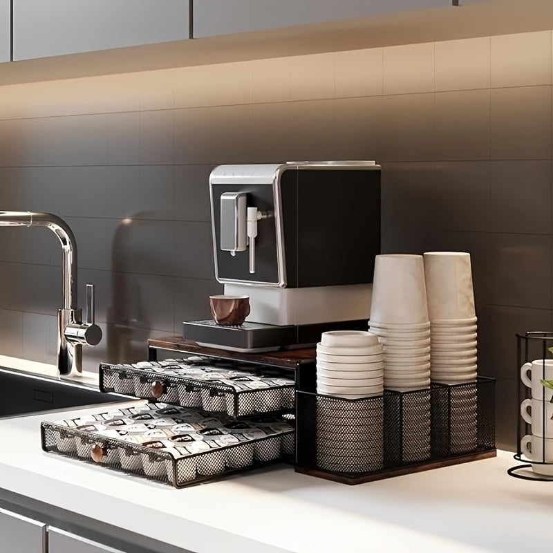 Double Storage Coffee Station Organizer – Black Wooden K-Cup Holder with Two-Tier Design, Ideal Countertop Organizer for Pods, Sugar, Creamers, and Coffee Accessories
