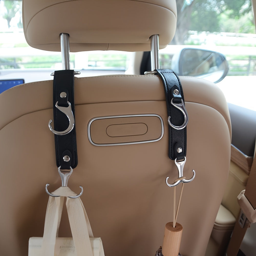 Faux Leather Car Seat Hooks – 2pcs Multi-Function Durable Headrest Hangers for Bags, Groceries, and Stylish Car Interior Organization