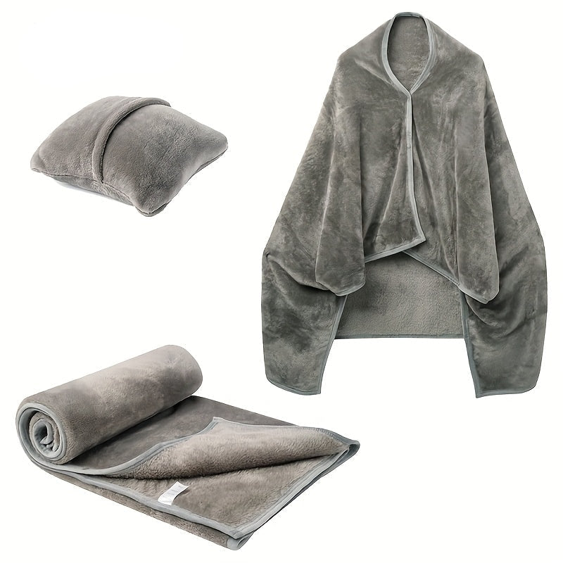 Wearable Flannel Shawl Blanket Pillow – 2-in-1 Travel Blanket with Sleeves & Button Closure for Office, Home & Flights