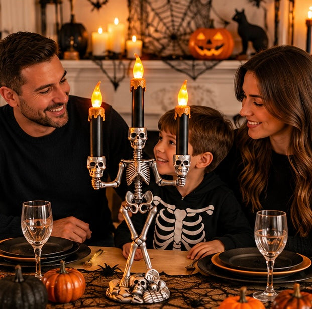 Halloween Skull Candlestick Holder – LED Flameless Candle Stand Horror Prop for Spooky Haunted House Party and Gothic Room Décor