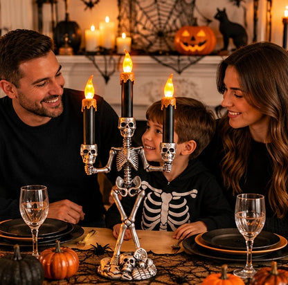 Halloween Skull Candlestick Holder – LED Flameless Candle Stand Horror Prop for Spooky Haunted House Party and Gothic Room Décor
