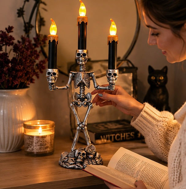 Halloween Skull Candlestick Holder – LED Flameless Candle Stand Horror Prop for Spooky Haunted House Party and Gothic Room Décor